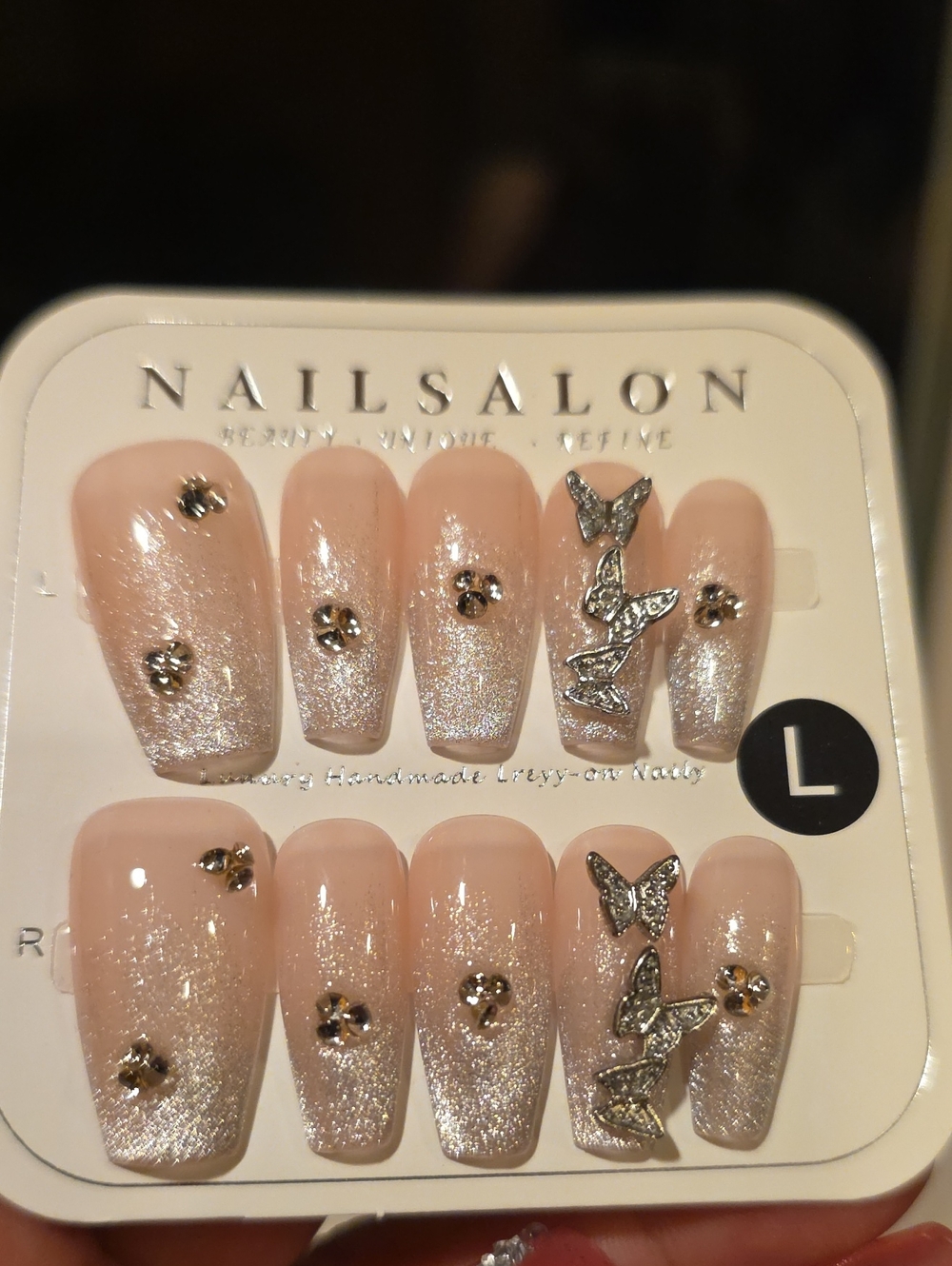 Sparkling Pink Press-On Nail Set with Rhinestones Size Large
